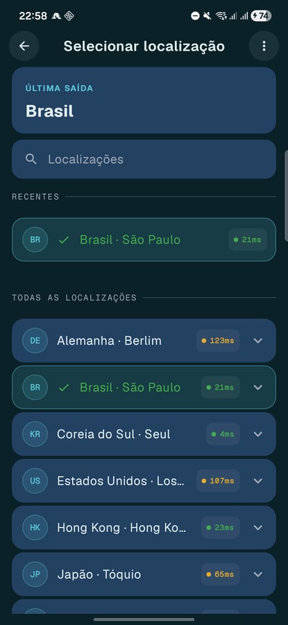 Seleção de servidor no app