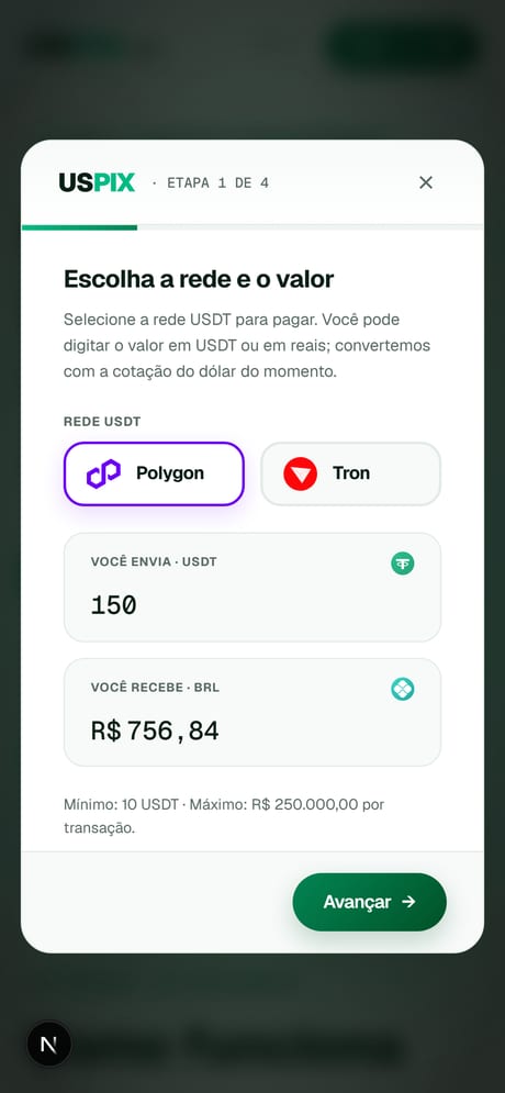 USPIX wizard passo 1: rede e valor