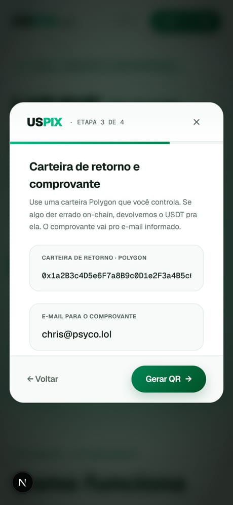 USPIX wizard passo 3: carteira de retorno